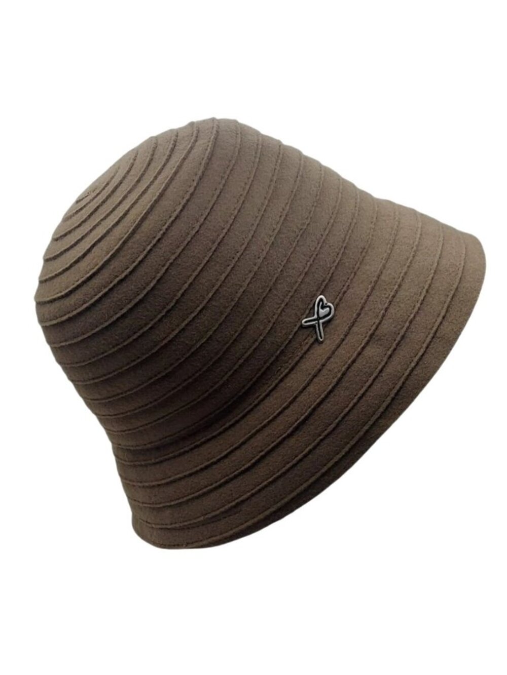 Betmar New York Cloche Hat Wool Felt Brown Ribbed & Heart Accent Winter Neutral